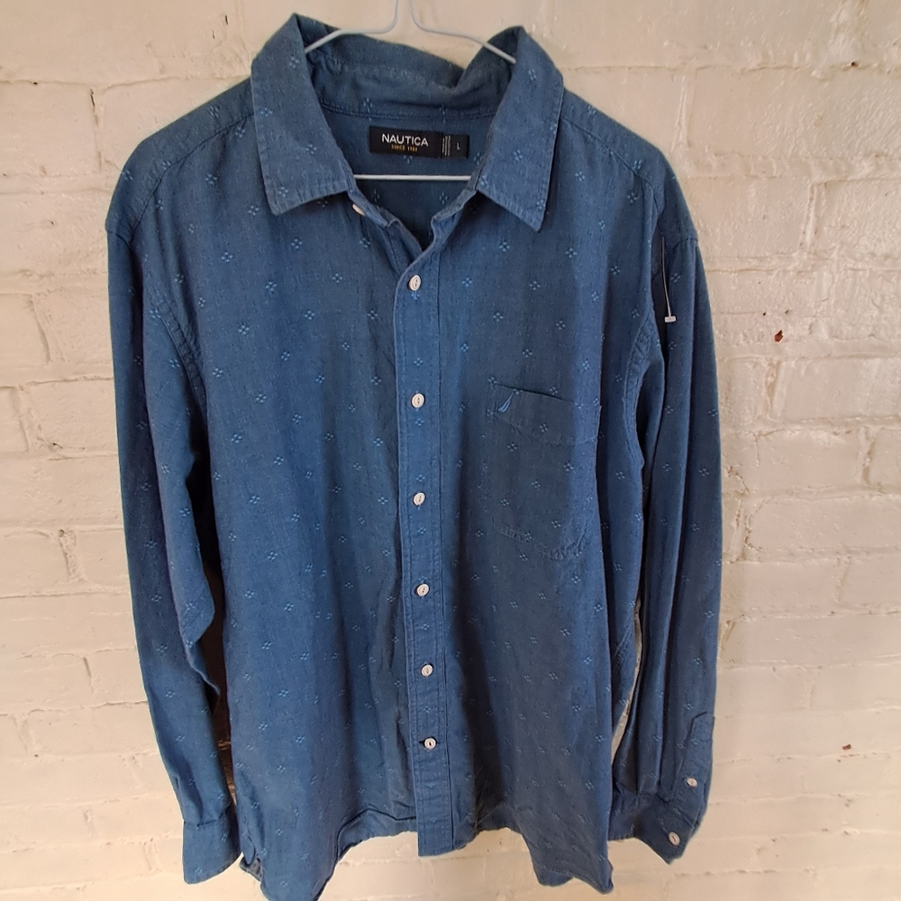 Nautica Casual Blue Button-Down Shirt Mens Size Large Collared